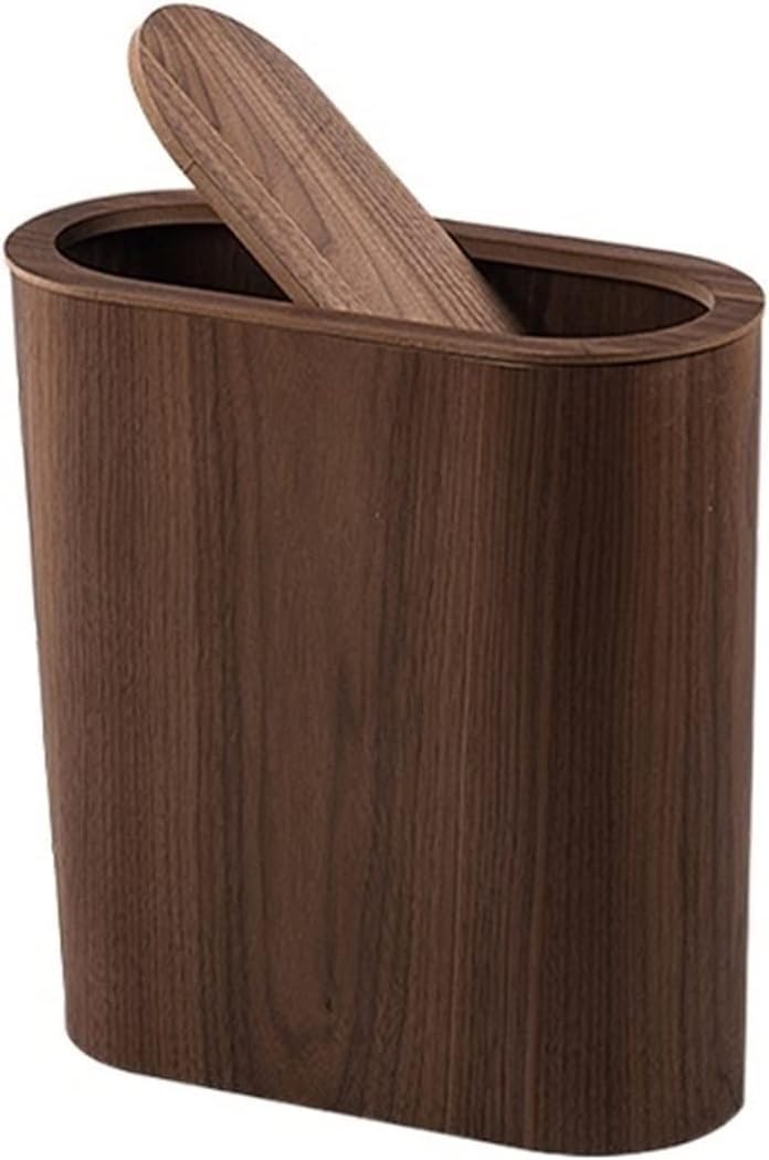 Slim Smart Trash Can Oval Push Type Wooden Toilet Bathroom Trash Can with Lid Nordic Style Living Room Bedroom Narrow Waste Bin Bathroom Trash Can(A)