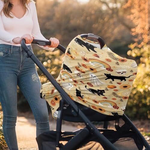 Image of Wanyint Infant Car Seat Cover for Babies, Boys Girls Carseat Canopy Baby Breastfeeding Stroller High Chair Shopping Cart Cover Halloween Decor, Black Cat Skull Ghost Pumpkin Rainbow
