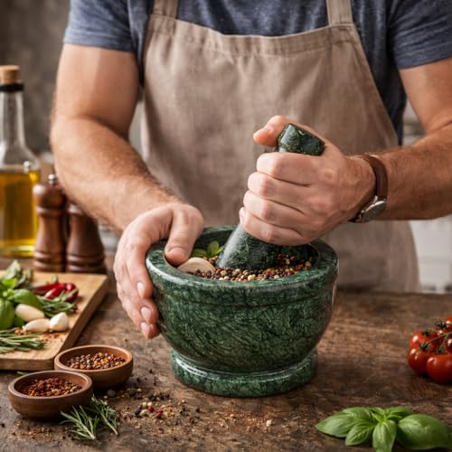 Image of Granite Green Marble Mortar and Pestle Set for Kitchen 4 Inch | Okhli Musal | Khalbatta | Silbatta I Imamdasta Used for chutneys, pastes, and medicines.