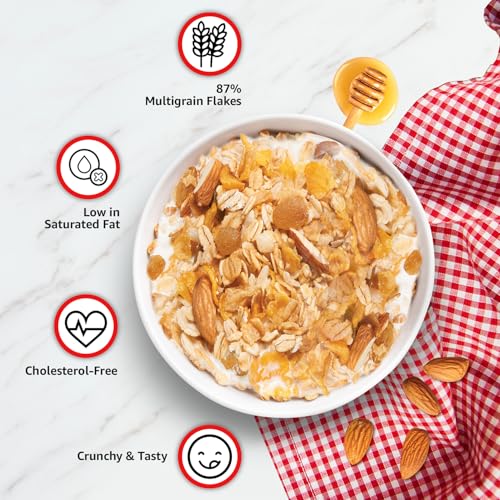 Image of Amazon Brand - Solimo Honey Almond Raisin Muesli 1 kg | Sweetened with Natural Honey | Sweetened with Natural Honey | Contains 87% of Dry Fruits, Nuts and Multigrains | Loaded with Raisins | Source of Fiber | No Added Preservatives