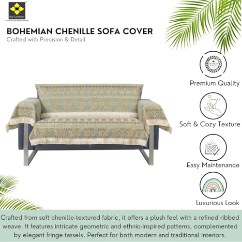 Image of Elegant Woven Green Sofa Cover Soft Chenille Traditional Pattern with Lace Style | L-Shape Sectional Seat Protector for Living Room | Durable & Stylish Slipcover 2 Seater with Arms