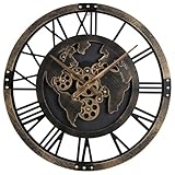 COSTWAY Grande Orologio da Parete 68 cm, Orologio a Ingranaggi con Mappa del Mondo, Orologio in Metallo Decorativo Silenzioso con Ingranaggi Mobili, per Soggiorno Camera da Letto Cucina