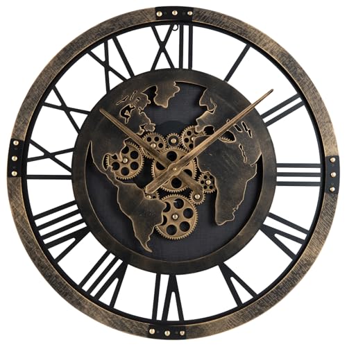 COSTWAY Grande Orologio da Parete 68 cm, Orologio a Ingranaggi con Mappa del Mondo, Orologio in Metallo Decorativo Silenzioso con Ingranaggi Mobili, per Soggiorno Camera da Letto Cucina