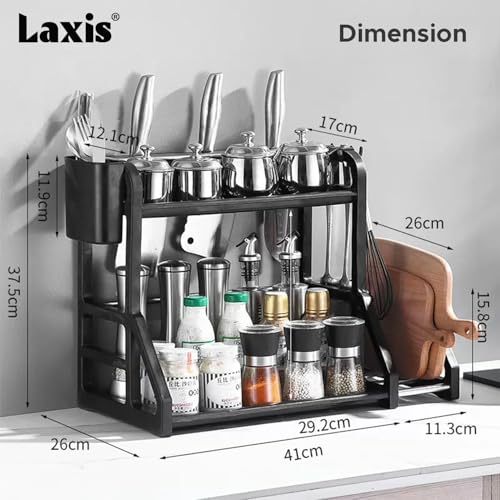 Image of LAXIS 2-tier Spice Rack Kitchen Organizers And Storage Multipurpose Kitchen Decor & Kitchen Storage Rack Kitchen Organizer With Hanging Hooks Countertop Organiser Utensil Stand and organizer rack