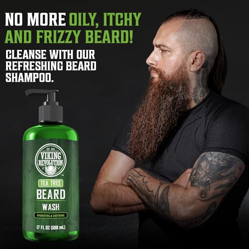 Viking Revolution Tea Tree Beard Wash for Men with Argan Oil and Ginseng Root Extract - Beard Softener and Strengthener Beard Shampoo with Olive Oil Beard Care to avoid Beard Dandruff and Itch (17oz) - Image 3
