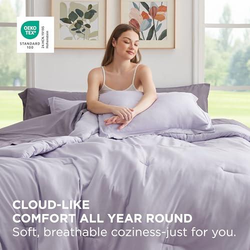 Image of Bedsure Queen Comforter Set - 7 Pieces Lavender Queen Bedding Set for All Seasons, Boho Contrasting Design Bed in a Bag with Comforter, Sheets, Pillowcases & Shams