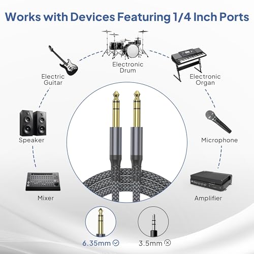 Image of Elebase 1 /4 Inch TRS Instrument Cable 6.6ft 2-Pack,Straight 6.35mm Male Jack Stereo Audio Interconnect Cord,6.35 mm Balanced Line for Electric Guitar,Bass,Keyboard,Amplifier,Amp,Speaker,Equalizer