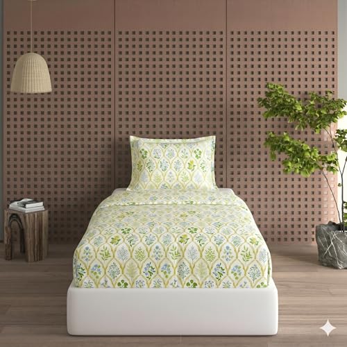 Image of DECOMIZER Cotton Feel All Around Elastic Fitted Glace Printed Single Bed Bedsheet with 1 Large Pillow Cover Fits Upto Mattress of 6 Inches,Size - 42 x 75 x 8 Inches, Yellow Jaipuri