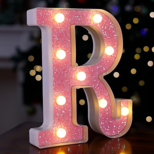 Image of LED Letter Lights Pink Glitter Marquee Letters Light Up Alphabet Letters Sign Battery Powered for Home Party Decoration Night Bar Wedding Birthday Christmas Lamp Girls Gift - Letter R