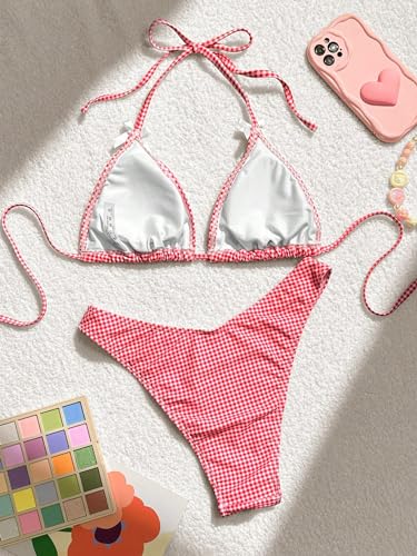 GORGLITTER Women's Gingham Bikini Set Bow High Cut Thong Halter Triangle Top Cheeky Cute 2025 Swimsuit Bathing Suit2