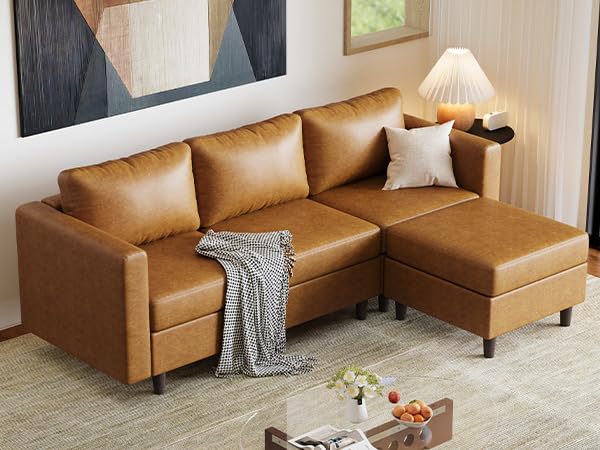 ABCASA Faux Leather Modular Sectional Sofa, 91.5" L Shaped Couch Set for Living Room, 3-Seater Comfy Cloud Couches with Movable Storage Ottoman,DIY