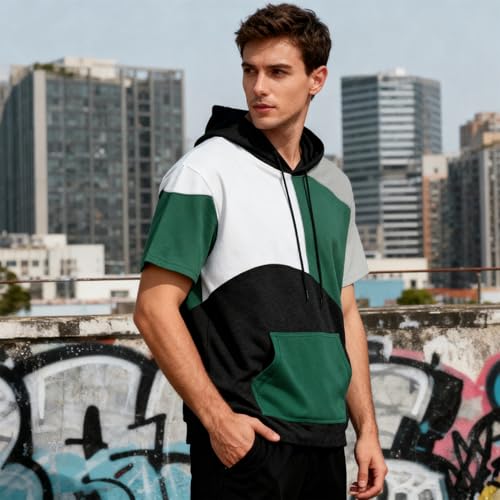 Mens Short Sleeve Hoodie Soft Cotton Color Block T-Shirt Sweatshirt Big Pocket Half Sleeve Summer Pullover4