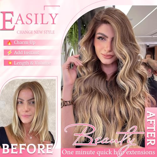 Image of Clip in Hair Extensions Real Human Hair Red Yellew Brown for Women