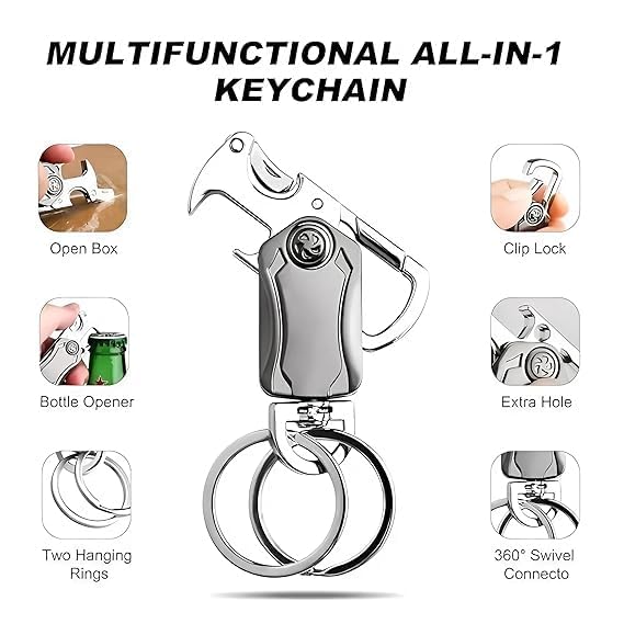 Image of Keychain for Men - Heavy Duty Dual Ring Metal Key Chain with Cutter, Bottle Opener, Mobile Holder, 360 Spinner, Outdoor Carabiner for Car, Bike, and Portable Use (5 in 1)