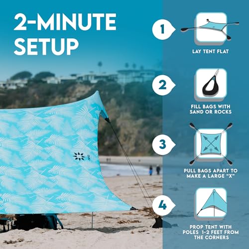 Image of Neso Gigante Portable Beach Tent Sun Shelter - Lightweight Beach Shade Canopy - Easy Setup for Family Outings - Patented Reinforced Corners - UPF 50+ - 8ft Tall, 11 x 11ft - Aqua Fronds