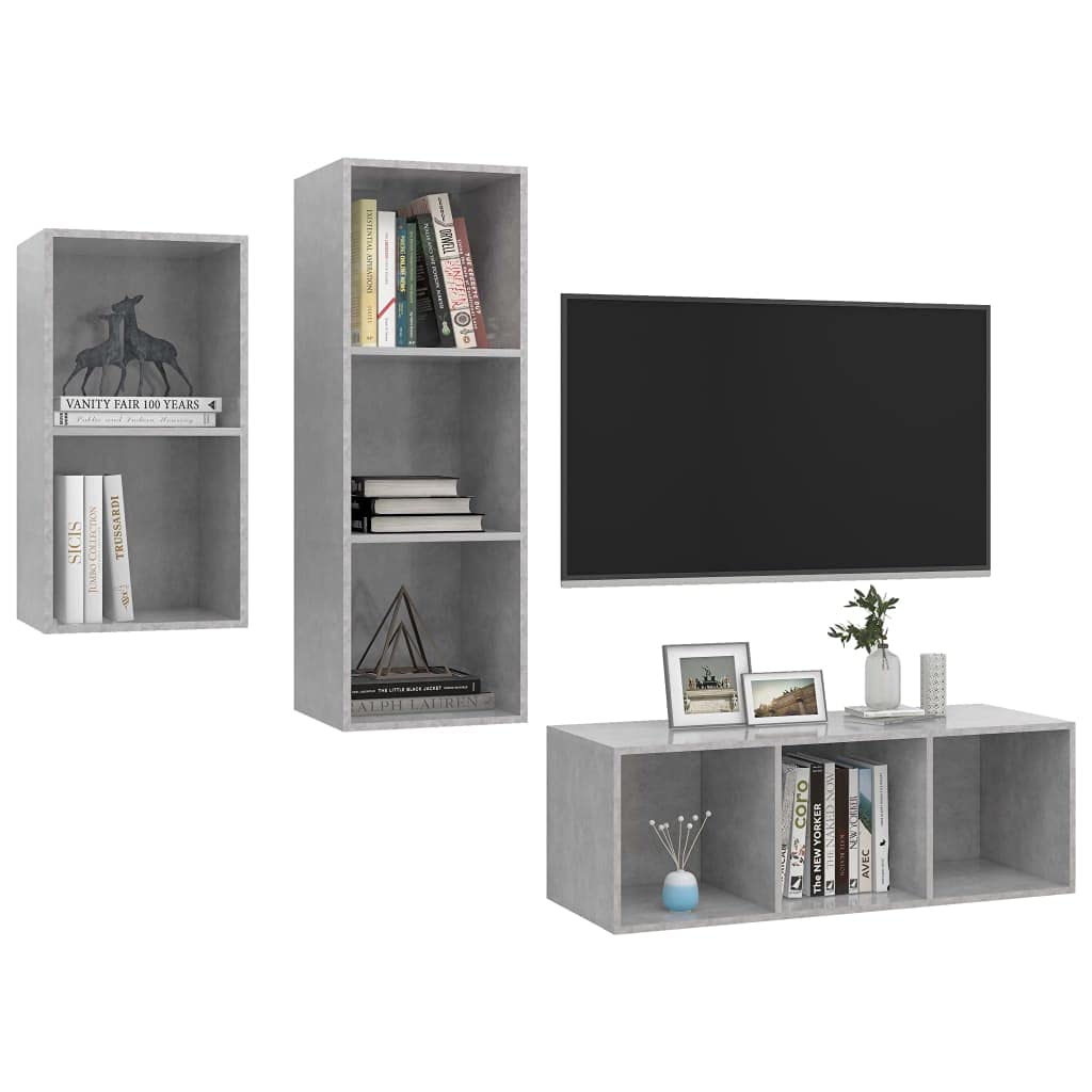 3-TLG. TV-Schrank-Set Betongrau, Holzwerkstoff, Hängend, Modernes Media-Center für Wohnzimmer, Schlafzimmer, Vielseitige Aufbewahrungslösung