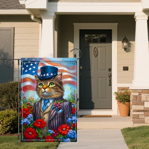 Image of Nuxovilar Veterans Day Garden Flag Cat Patriotic Hat 12x18 Polyester | Patriotic Flag, Cat Banner patriotic garden flag, military memorial sign yard, porch, patio (Patriotic Cat)