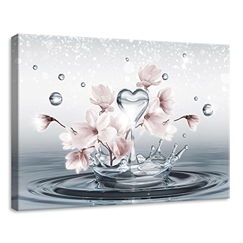 Forwall - Leinwand Bilder - Magnolie Blumen Wassertropfen Herz - 70x50 cm Leinwandbilder - Bild auf leinwand - Wandbild XXL groß Wandbilder für Wohnzimmer Schlafzimmer Wohnzimmerbilder Modern