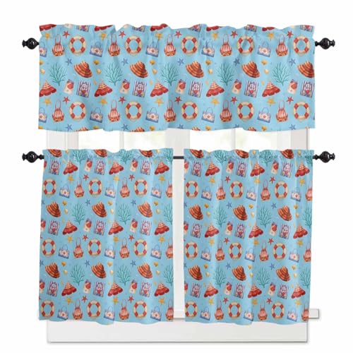 Summer Beach Kitchen Curtains 24 Inch Length, 3 Piece Rod Pocket Small Half Tiers and Valance Set, Blue Tropical Coastal Starfish Coral Small Large Window Treatment Decor for Bedroom/Bathroom Sink