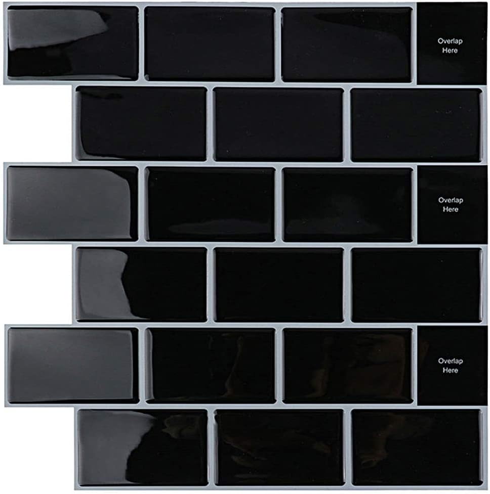 Yoillione 4 Sheets Peel and Stick Wall Tiles Backsplash for Kitchen and Bathroom, 3D Stick on Tiles Metro Subway Tiles Self Adhesive Tile Stickers Black