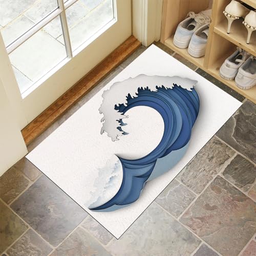 Felpudo Entrada Casa 50 x 80 cm Alfombrilla Antideslizante Olas Del Océano, Lavable a Máquina, Alfombra Absorbente Estilo Corte Papel para Puerta Interior y Exterior, Pasillo, Oficina - Gris Azul