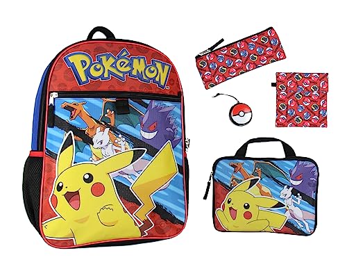 Bioworld Conjunto de 5 mochilas Pokémon com porta-cartões acolchoado, estojo para lápis, bolsa isolada para lanches e brinquedo contra estresse