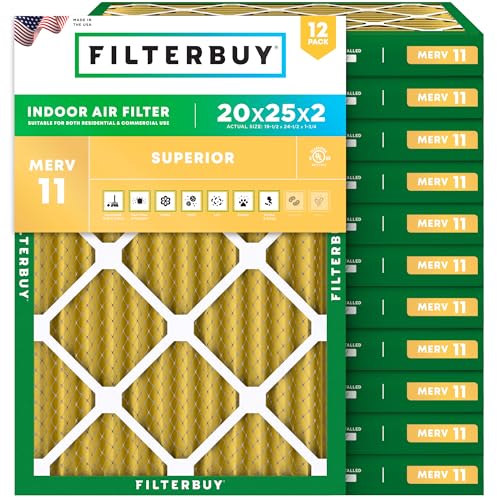 Filterbuy 20x25x2 Air Filter MERV 11 Superior Pet & Allergy Defense (12-Pack), Electrostatic Pleated HVAC AC Furnace Filters Replacement, Made in USA (Actual Size: 19.50 x 24.50 x 1.75)