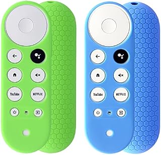 2pcs Remote Cover (Glow in the Dark) Compatible with 2020 Chromecast with Google TV Voice Remote, Pinowu Anti Slip Shockproof Silicone Case Cover (Green and Blue)
