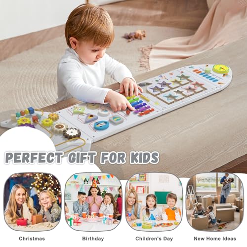 Image of Spacocld Rocket Activity Wall Busy Board Panels - Sensory Wall Panel for Kids, Montessori Toddler Wall Activity Board, Wall Toys for Toddlers 3, Activity Cube, Wooden Boards, White Grey(4PCS)