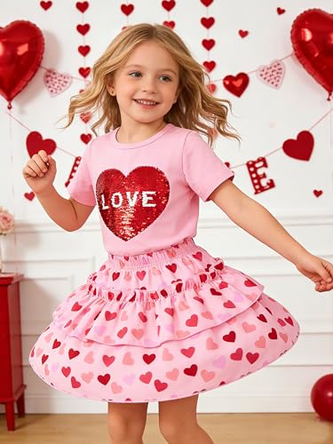 Image of Little Girls Skirt Set - 2 Piece Short Sleeve Top Shirred Tiered Skirt Outfit Girls Spring Summer Clothes 3-8 Years