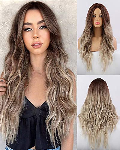 HANYUDIE Ombre Blonde Wigs for Women Long Wavy Wig Middle Part Natural Hair Wavy Wigs Synthetic Heat Resistant Cosplay Wigs (Ombre Ash Blonde)
