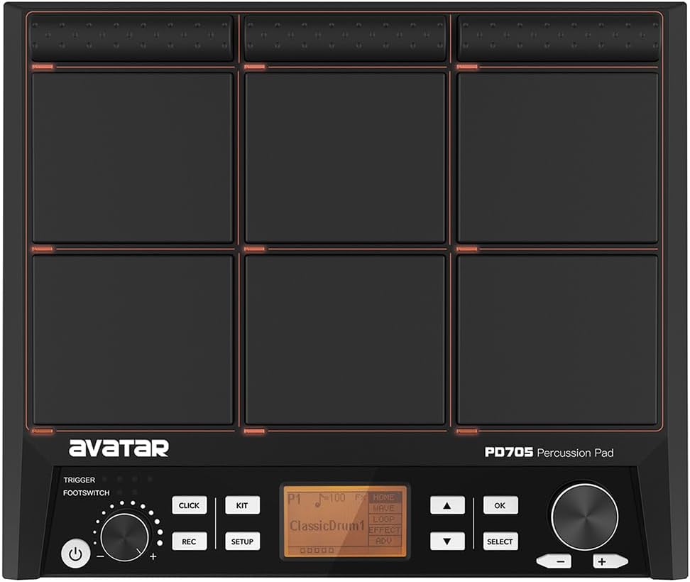 PD705 Sample Pad Percussion Multi-Pad Portable Electric Drum Set Drum Machine Support Built-in 592 Sound, Metronom, Effector, Looper, USB/MIDI/AUX Connectivity