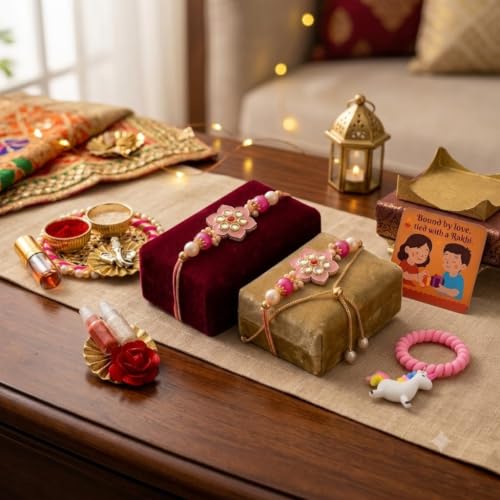 Image of SAUDEEP INDIA Decorative Fridge Magnet for Refrigerator Decor | Family Rakhi Combo Set for Bhaiya Bhabhi & Kid with Thali | Raksha Bandhan Gift | Couple Rakhi with Kid Rakhi | Festival Home Decoration