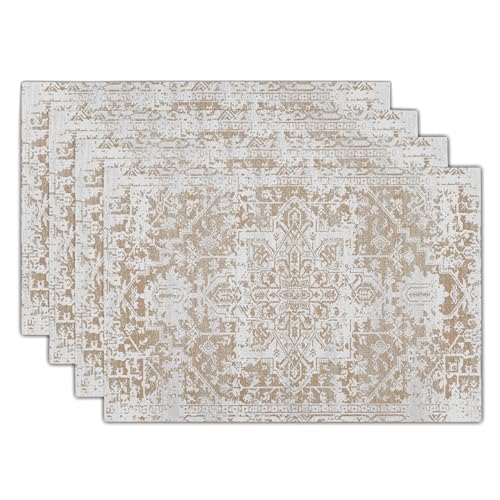 Image of Gray Khaki Boho Placemats Set of 4 Ethnic Bohemian Carpet Place Mats Washable Kitchen Dining Vintage Grey Geography Floral Linen Table Mats Stain Heat-Resistant for Home Party Indoor 12x18 in