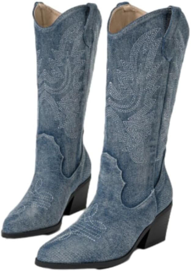 Women's Embroidered Denim Pull On Block Heel Cowgirl Boots Pointed Toe Comfort Vintage Mid Calf Booties