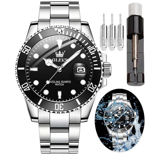 OLEVS Reloj para Hombre, Resistente al Agua, Esfera Azul, Reloj de Pulsera de Lujo de Acero Inoxidable de Dos Tonos con Fecha de día, Reloj de Cuarzo clásico Deportivo clásico de Mod