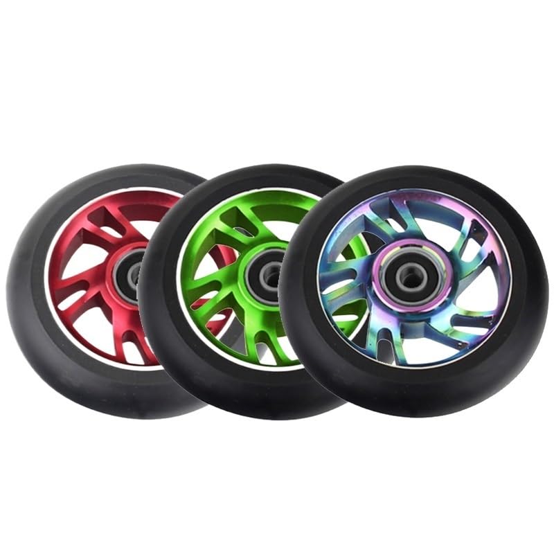 2pcs 100mm Skateboard Wheel Replacement with Bearings Aluminum Wear Resistant PU Stunt Scooter Parts Scooter Accessories(100 Green Spiral)