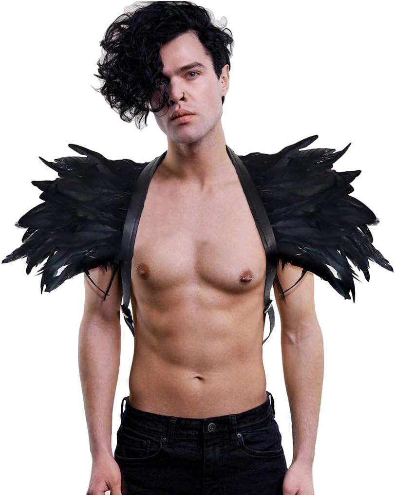 L'VOW Men Gothic Natural Real Feather Epaulet Shrug Shoulder Strap With Belt for Halloween Costume