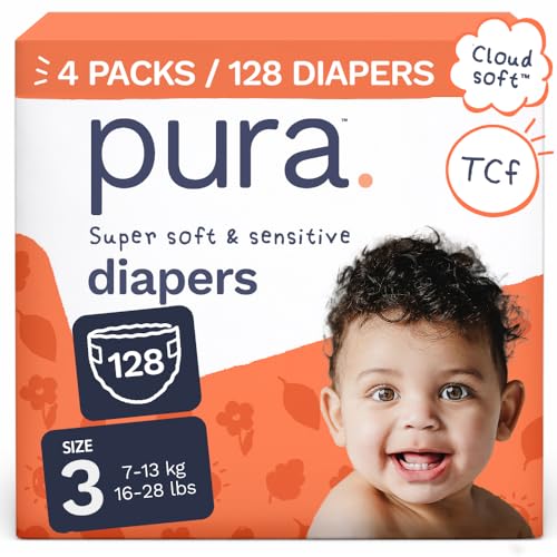 Image of Pura Baby Diapers Size 3-128 Count, 16-28lbs, 12hr Leak Protection, Soft & Gentle Diapers for Hypoallergenic & Sensitive Baby Skin, Toxin-Free*, Organic Cotton, Blowout Blocker, New Size Guide