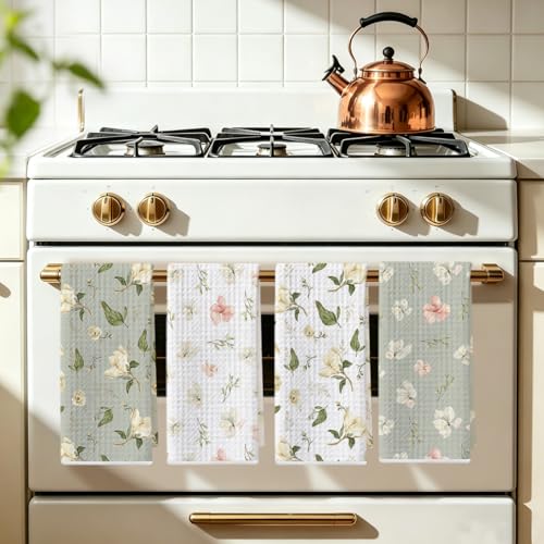 Image of 4Pcs Spring Pastel Floral Pattern Kitchen Towels, Cottage Core Decorative Absorbent Microfiber Dish Cloth Tea Towel, Hand Towels for Farmhouse Home Bathroom, Housewarming Gifts for Women
