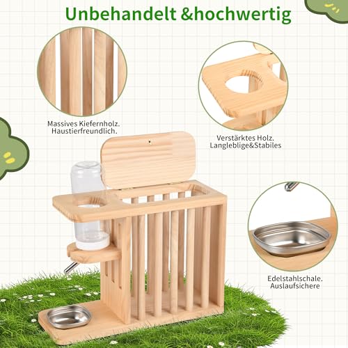 PESNLO W03 Heuraufe inkl. höhenverstellbarer Trinkflasche.2 in 1 Heuraufe Meerschweinchen mit Trinkflasche. Naturholz. Meerschweinchen Heuraufe, Kaninchen, Hasen, Hamster Trinkflasche.