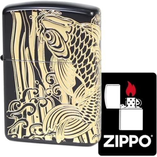 ジッポー(Zippo) オイルライター フリント アーマー 2面加工 昇鯉 (G) 特製ステッカー付き BM 縁起物 鯉 コイ 魚 和柄 黒