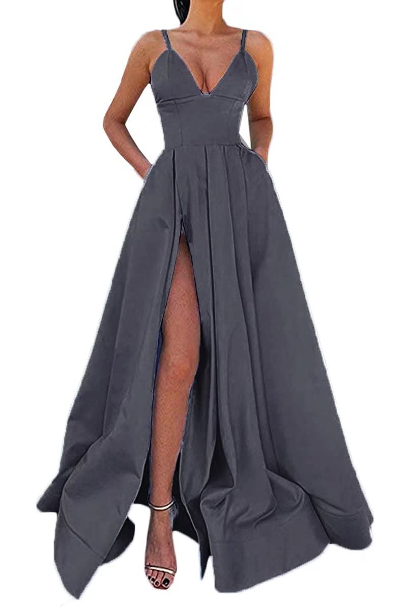 slim fit dress slacks A Line V Neck Silver Gray Long Prom Dresses, Silver Gray Long Formal E –  jbydress main image 1