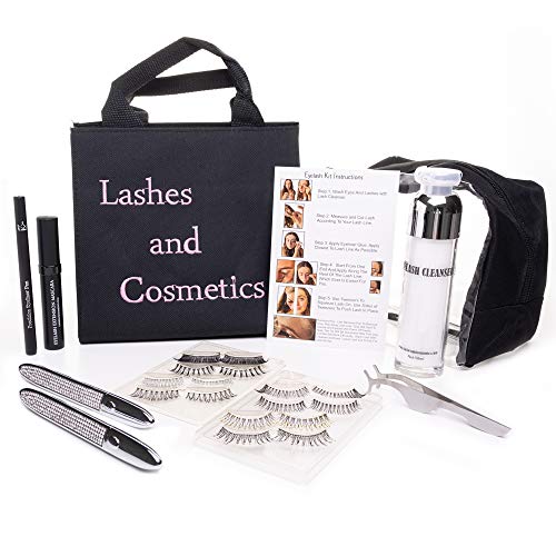 Eyelash Kit Non Magnetic Eyeliner Glue, Remover, 8 Reusable Lashes, Eyelash Cleanser,  Mascara, Tweezers, Liquid Eyeliner Pen, Instruction Sheet, with Travel Case Storage Bag