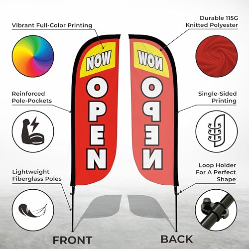 LookOurWay Feather Flag Pole Kit - 7 Feet Tall Advertising Banner with Fiberglass Pole Set and Ground Spike for Business Promotion - Open Flags - Now Open Red & Yellow - Thumbnail 2