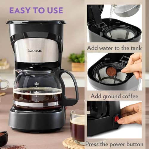 Borosil Brew Pro Drip Coffee Machine with Borosilicate Glass Carafe (600 ml) | 550W Coffeemaker | 6 Cups Capacity | Anti-Drip Function, Auto Shutoff, Keep Warm Plate | 2 Years Warranty | Black - Image 5