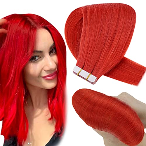 Hetto Red Tape in Hair Extensions Real Human Hair Tape in Red Extensions Invisible Hair Extensions Tape on 14 Inch 10Pcs 25g Straight Double Sided Hair Extensions Tape in