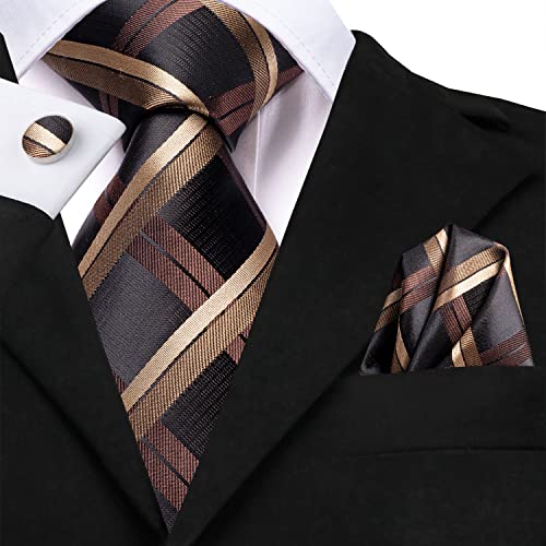 Image of Hi-Tie Men Ties Sets Silk Stripe Paisley Necktie Pocket Square Cufflinks for Business Wedding