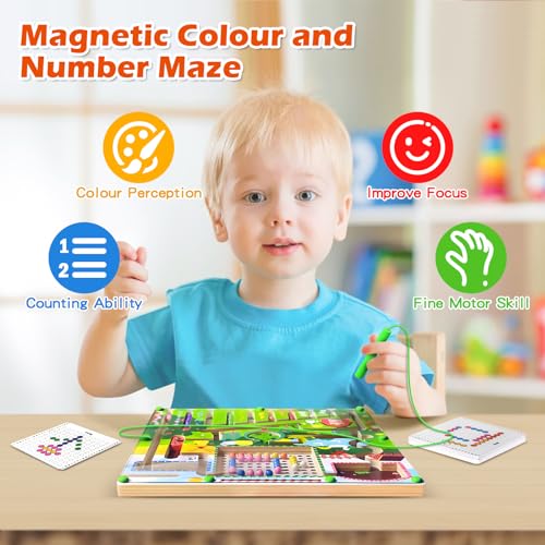BURMONG Montessori Spielzeug ab 3 Jahre, Magnetspiel Labyrinth Spielzeug, Holzspielzeug Zahlen und Farben Lernspielzeug Motorikspielzeug ab 3 4 5 6 Jahre, Geschenk für Kinder Jungen Mädchen
