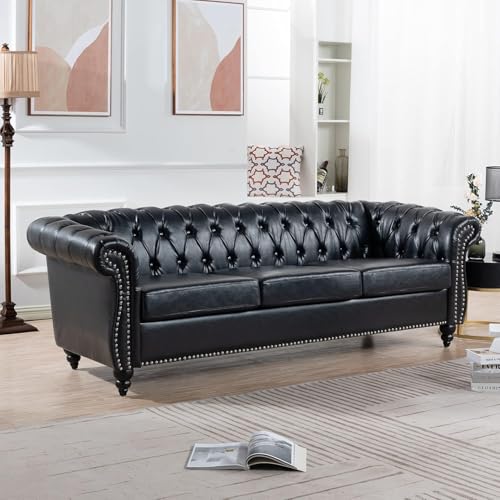 Image of WOODEN WORLD Modern & Classic Leather Sofa Set - Luxurious Comfort, Stylish Design, and Durable Build (Black, 3+2+1 Seater)